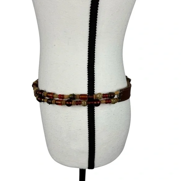 Boho Beaded Leather Belt Brown Multicolor Beads Hippie Tribal Festival Medium - Picture 3 of 7